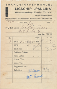 711848 Nota van het Ligschip “Paulina”, W. Ennik, Brandstoffenhandel, Wittevrouwenbrug te Utrecht, ten name van de heer ...